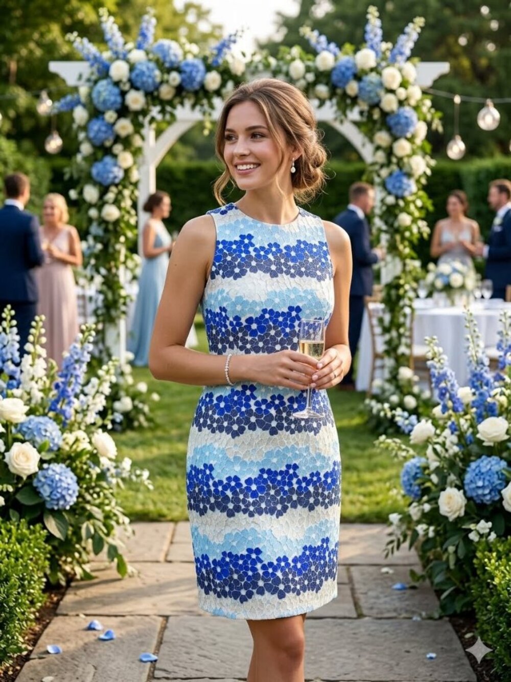 Sara Campbell Jaquard Floral Blue White Sheath Party Dress Size 4 - 6